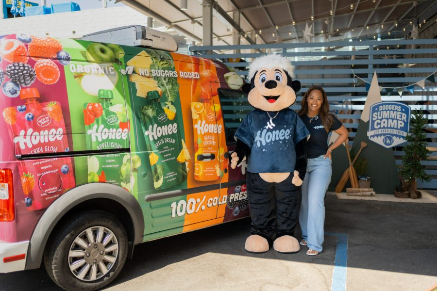 The Honee juice van with Drip the mascot and the founder